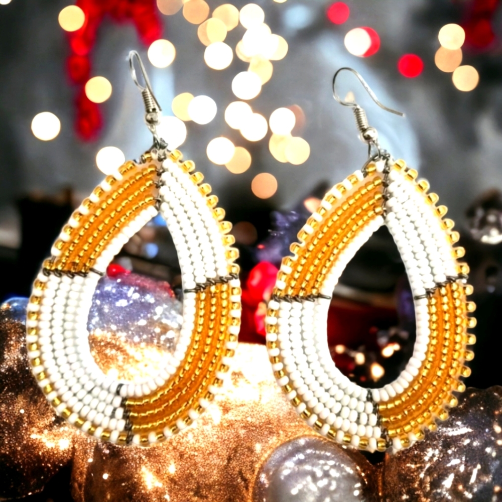 White and Gold Earrings,  Beaded Oval Earrings, Earrings